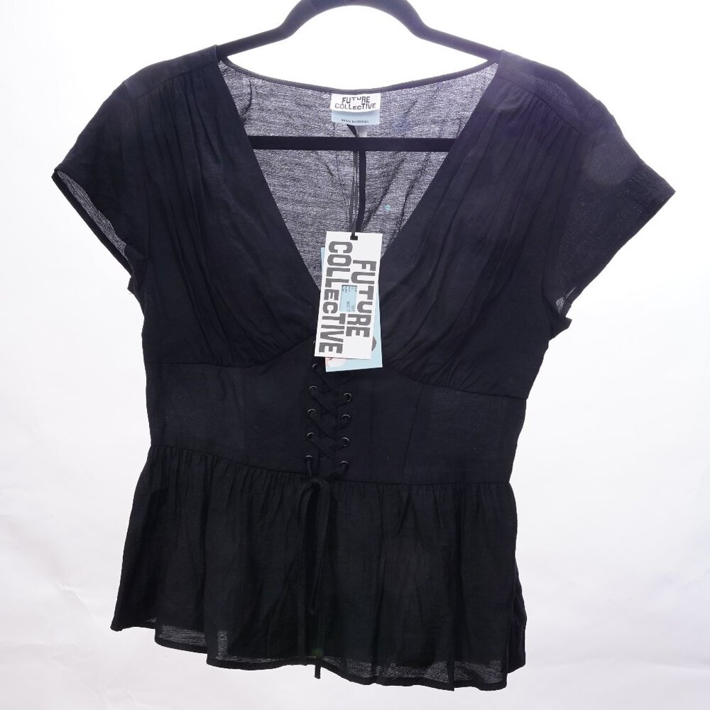 Future Collective Reese Blutstein Black Short Sleeve V-Neck Corset Blouse Top